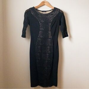 Nadya Toto Bodycon Dress Black Lace Knit Midi Length Womens Size Medium Stretchy